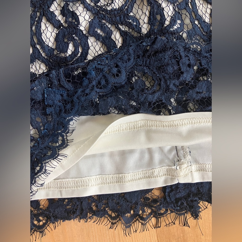 Vintage Tadashi Shoji Formal Mesh Illusion Neckline Sleeveless Blue Lace Dress 4 - Picture 9 of 15
